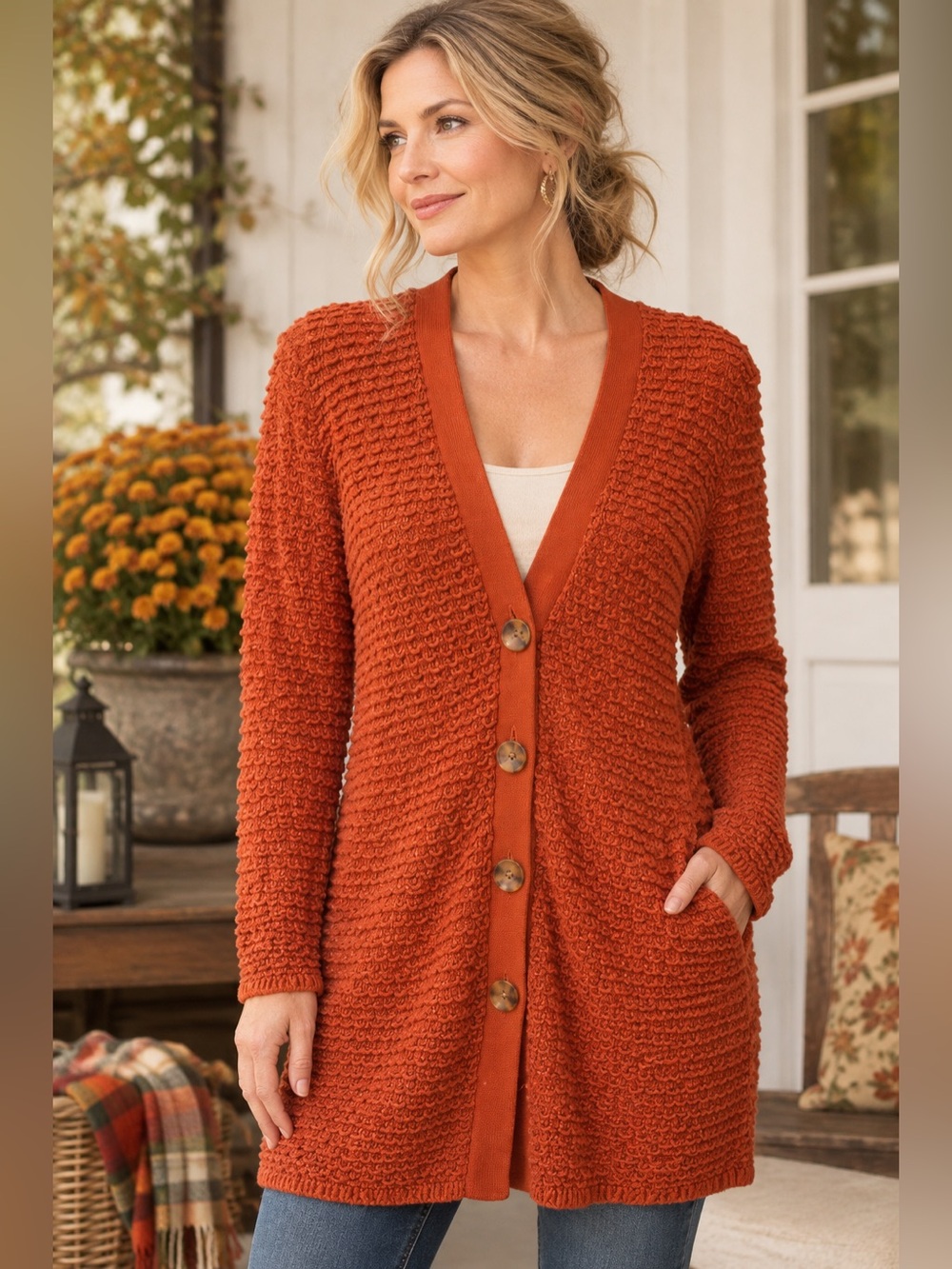 Women's J Jill Textured Button-Front Cardigan Sweater Rust Slub Yarn Texture